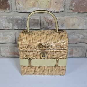 Vintage Walborg Woven Natural Lacquer Straw Bag with Leather and Metal Accents